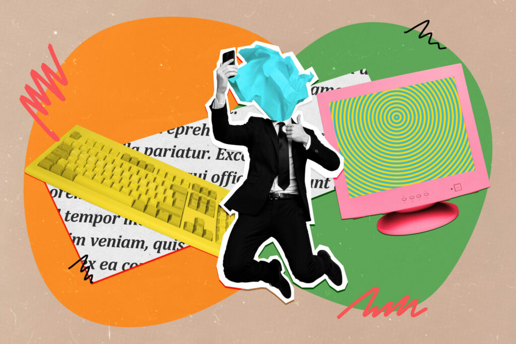 Collage artwork of headless businessman with crumpled paper head wearing formal suit making video.