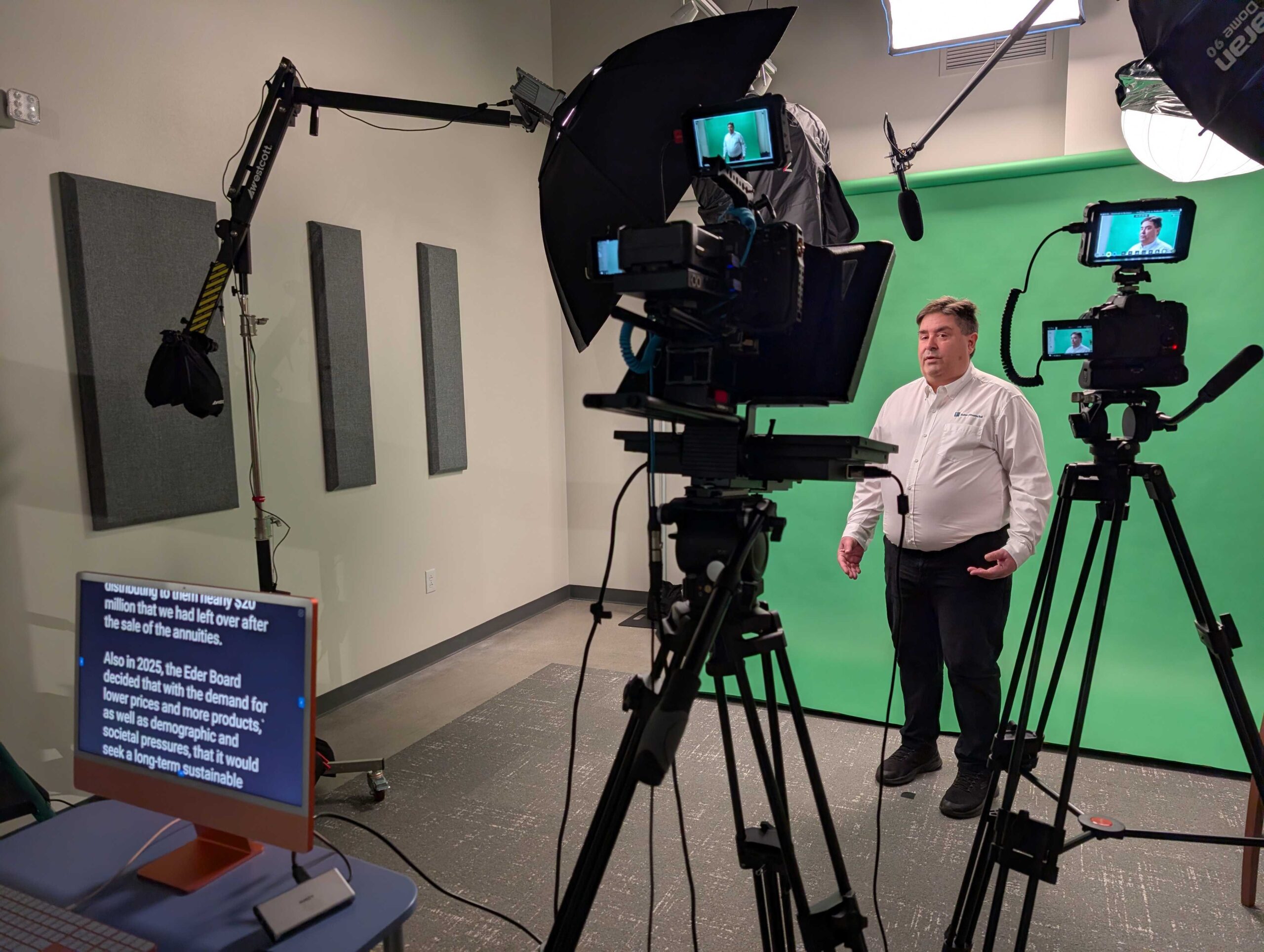 Client doing a green screen video in the Rare bird Studio
