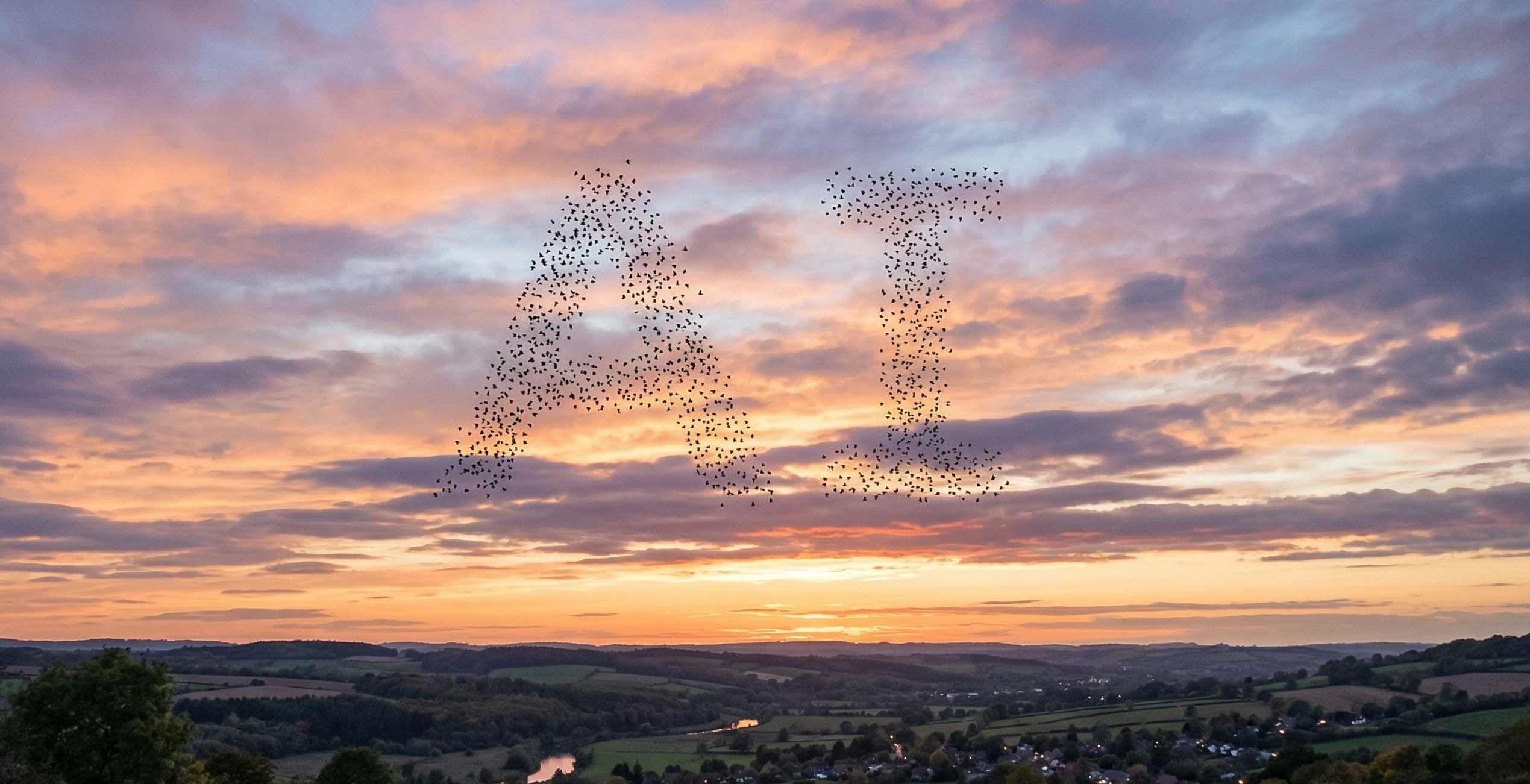 A flock of birds in the sky at sunset made to resemble the letters "A" and "I"