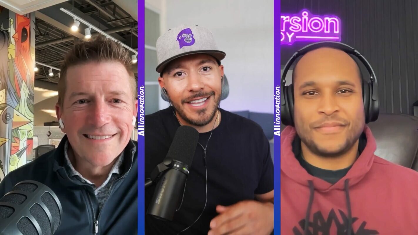 Jim Cota and the two hosts of the podcast that invited him to an interview as part of their lead-generation efforts.