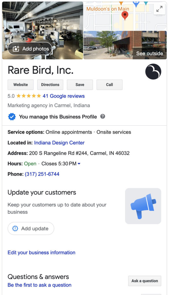 A screenshot of Rare Bird's Google Business Profile after this blog post prompted the team to post some updates.