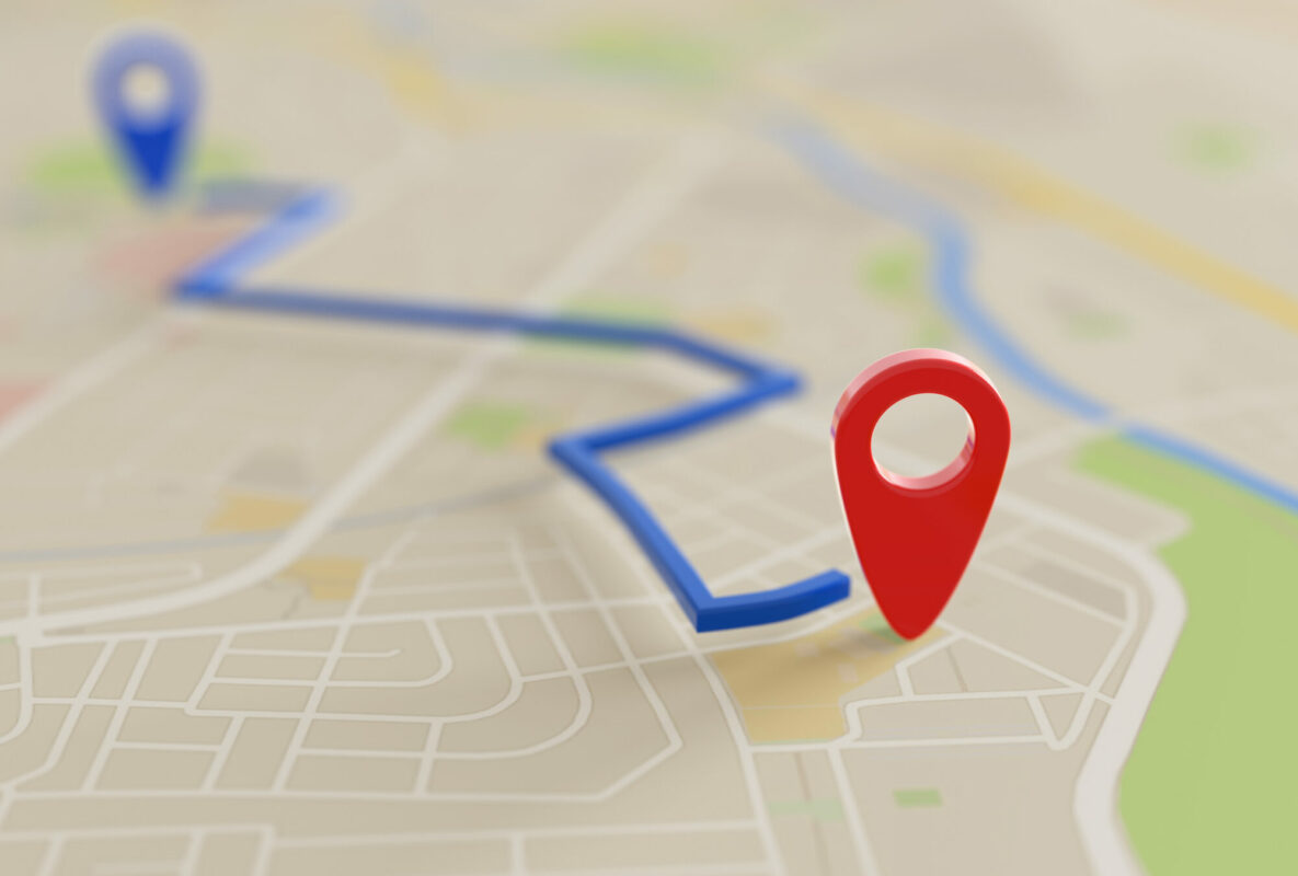Illustration of a map route with large red pin marking the destination.