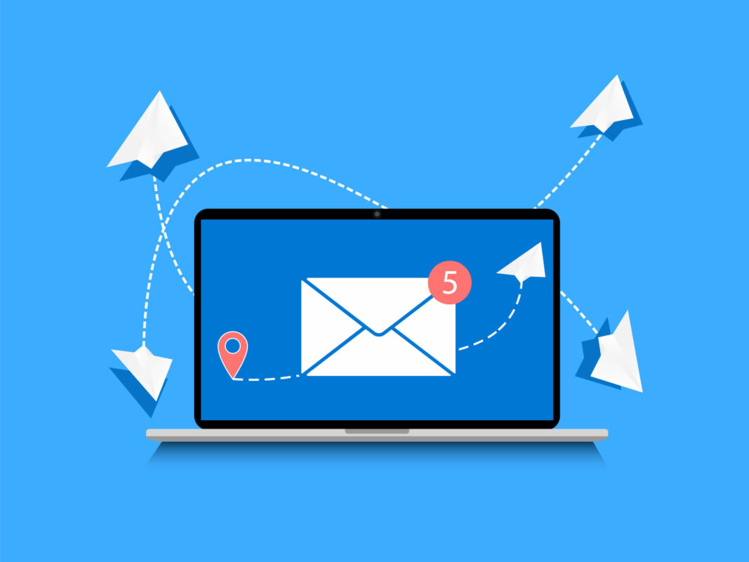 Laptop with arrows and email icons (illustration)