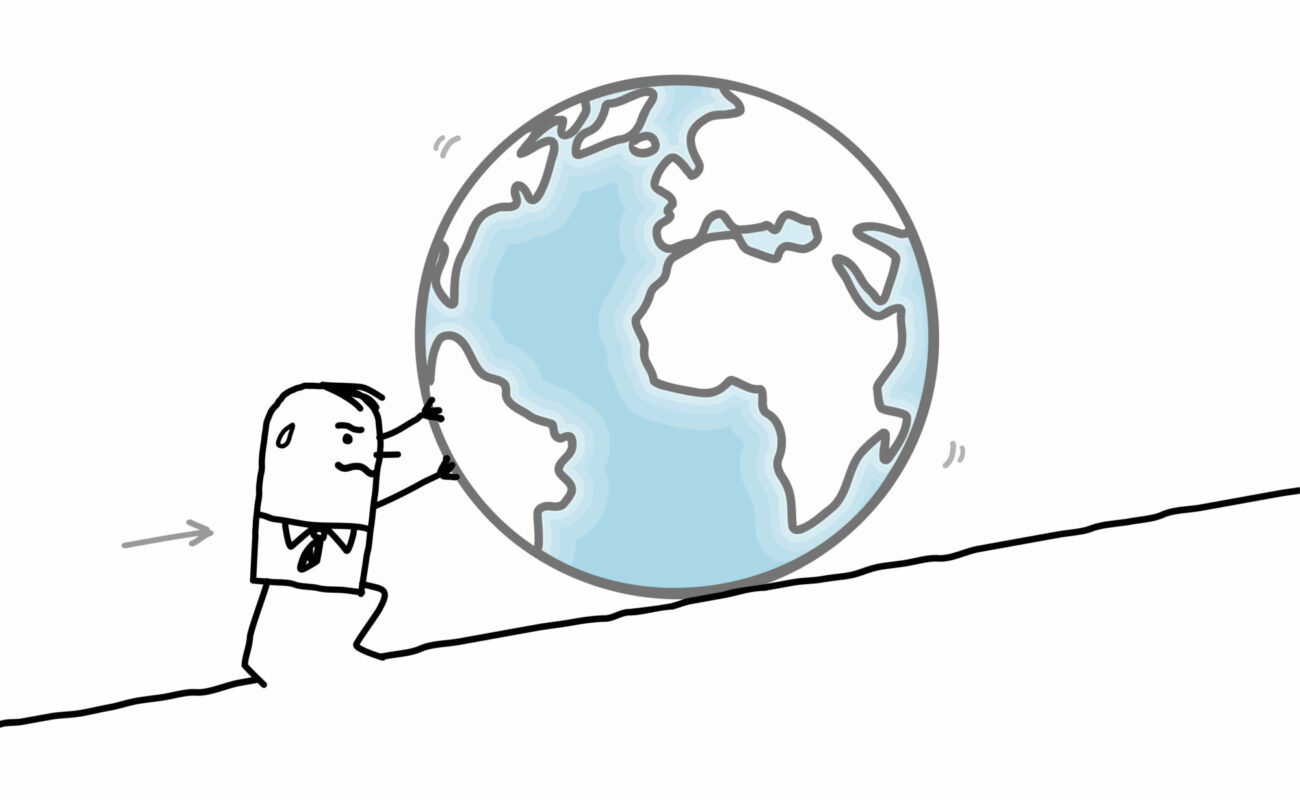 hand drawn cartoon businessman pushing the big and heavy Earth, up the hill