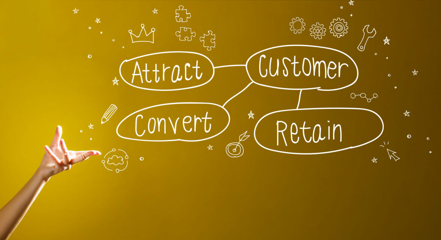 Customer acquisition theme with a hand in a dark yellow background