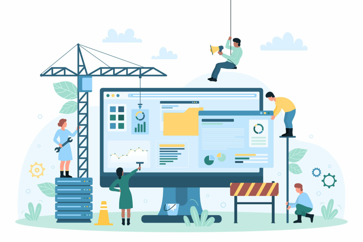 Website under construction (illustration). Cartoon tiny people build and update structure of site with construction crane.