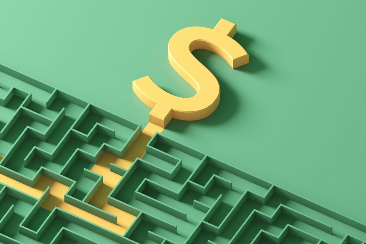 A creative 3D illustration depicting a golden dollar symbol emerging from a green maze. The image symbolizes the journey and strategies involved in achieving financial success and overcoming financial challenges. The contrasting colors and the concept of navigating through a maze highlight the complexities of financial planning and investment.